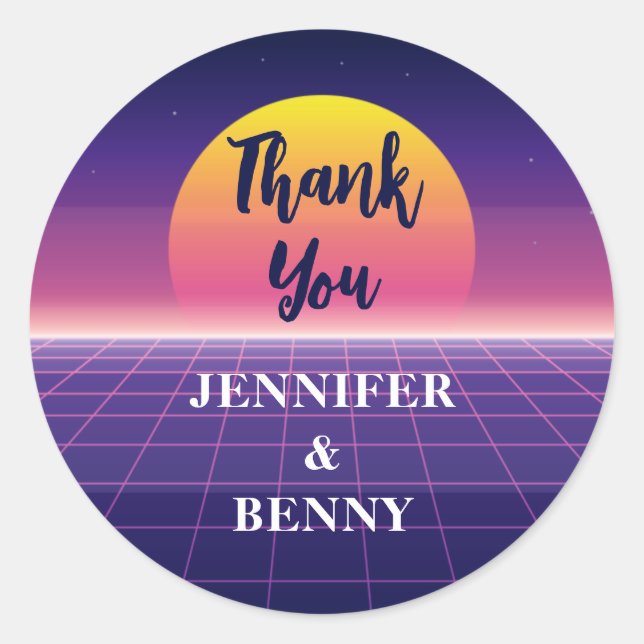 Pegatina Redonda Gracias Retro 80s Neon Purple Synthwave Sunset (Anverso)