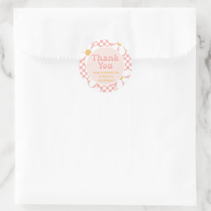 Pegatina Redonda Gracias retro Pink Daisy Checker