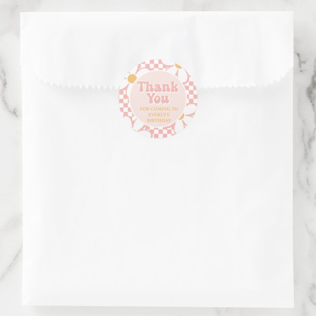 Pegatina Redonda Gracias retro Pink Daisy Checker (Bolso)