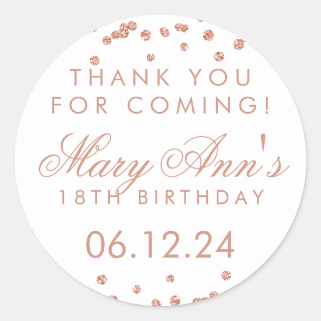 Pegatina Redonda Gracias Rosa de cumpleaños Purpurina de oro Confet (Anverso)