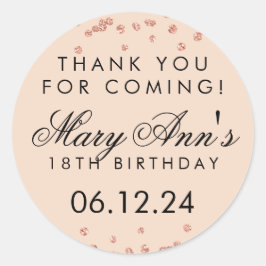 Pegatina Redonda Gracias Rosa de cumpleaños Purpurina de oro Confet