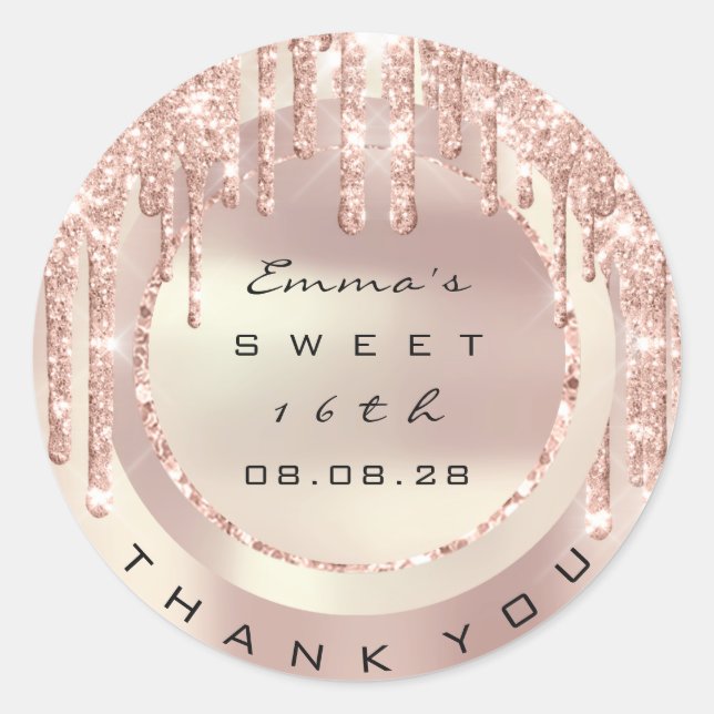 Pegatina Redonda Gracias Rosa Drips Sweet 16th Purpurina 15th VIP (Anverso)