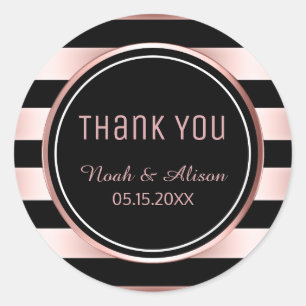 Pegatina Redonda Gracias Rosa Gold Black Stripes Boda moderno
