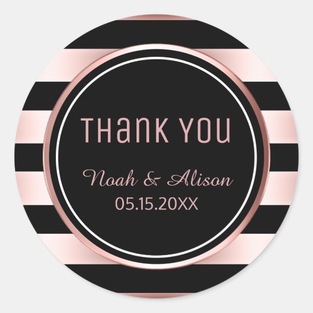 Pegatina Redonda Gracias Rosa Gold Black Stripes Boda moderno (Anverso)