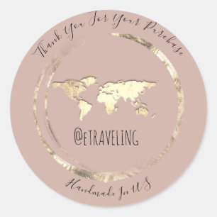 Pegatina Redonda Gracias Rosa Gold World Map Travel QR Code Logo