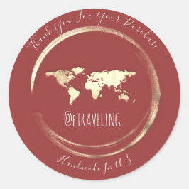 Pegatina Redonda Gracias Rosa Gold World Map Travelling Globe