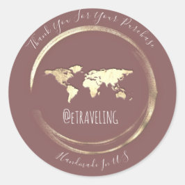 Pegatina Redonda Gracias Rosa Gold World Map Travelling Globe