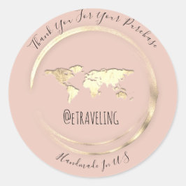 Pegatina Redonda Gracias Rosa Gold World Map Travelling Globe