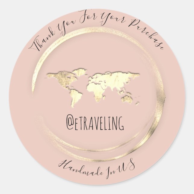 Pegatina Redonda Gracias Rosa Gold World Map Travelling Globe (Anverso)