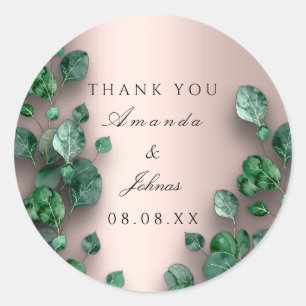 Pegatina Redonda Gracias Rosa Green Eucalyptus Woodland Boda