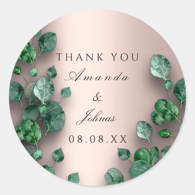 Pegatina Redonda Gracias Rosa Green Eucalyptus Woodland Boda (Anverso)