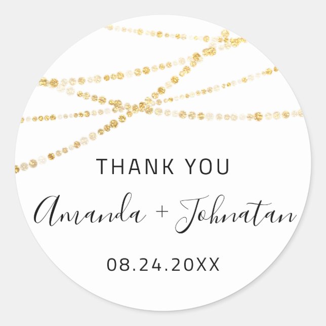 Pegatina Redonda Gracias Rosa Nombre Fecha Blanca Luces Doradas Sim (Anverso)