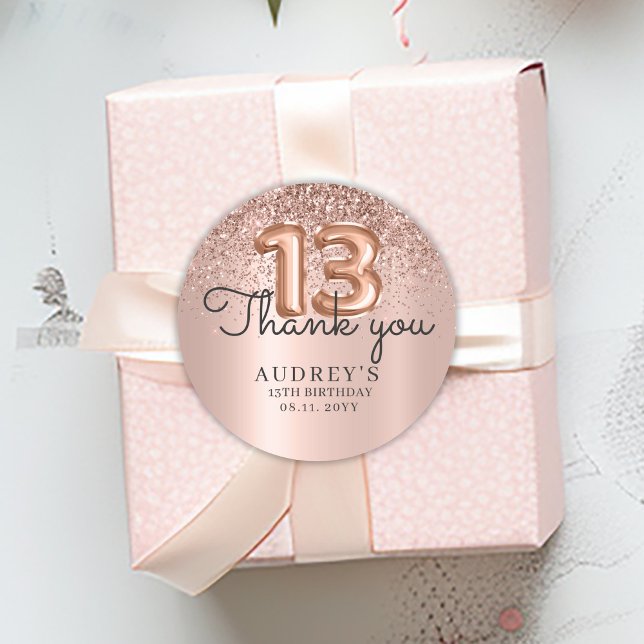 Pegatina Redonda Gracias Rosa Purpurina de oro Balón 13 cumpleaños (Subido por el creador)