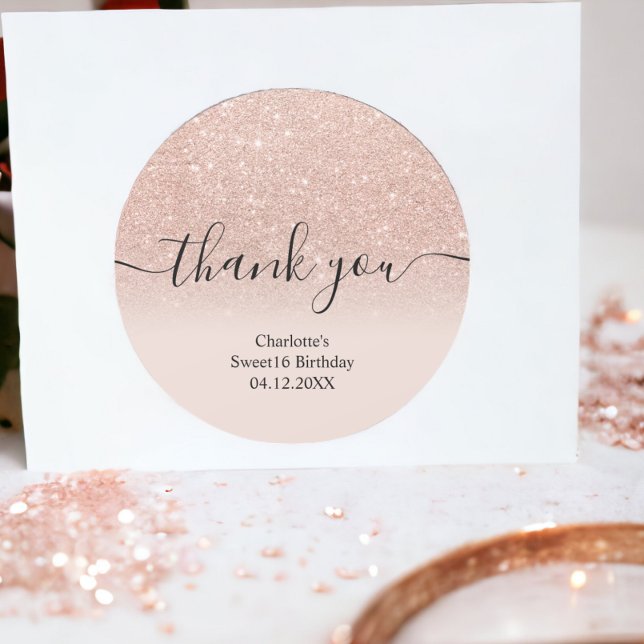 Pegatina Redonda Gracias rosa purpurina de oro oscuro Sweet 16 (Thank you rose gold glitter ombre Sweet 16 Classic Round Sticker)