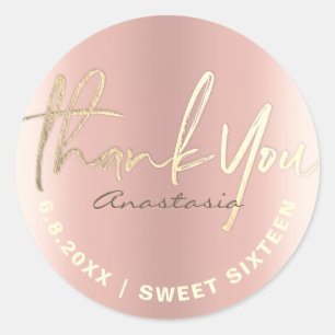 Pegatina Redonda Gracias Rosa Relieve metalizado Faux Personalizado