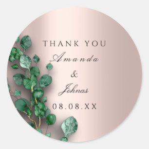 Pegatina Redonda Gracias Rosa Rubor Eucalyptus Green Boda
