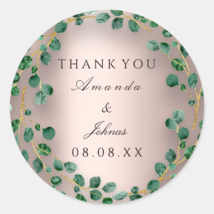 Pegatina Redonda Gracias Rosa Rubor Eucalyptus Greenery Boda