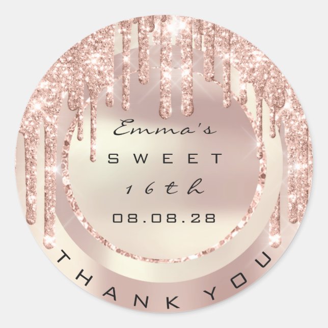 Pegatina Redonda Gracias Rose Drips Dulces 16º Brillo 15º Chispa (Anverso)