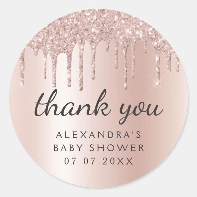 Pegatina Redonda Gracias Rose Gold Glitter Girly Baby Shower (Anverso)