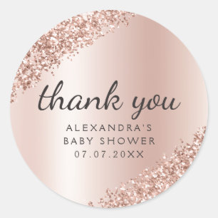 Pegatina Redonda Gracias Rose Gold Glitter Girly Baby Shower