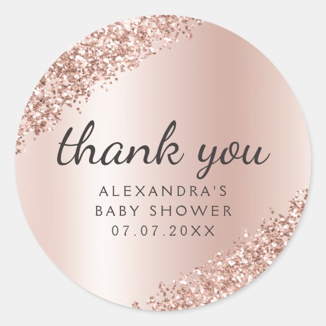 Pegatina Redonda Gracias Rose Gold Glitter Girly Baby Shower (Anverso)
