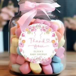 Pegatina Redonda Gracias Rubor Pink Bow Baby Shower