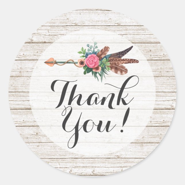 Pegatina Redonda Gracias, Rustic Bohemian Feathers Arrow Boda (Anverso)