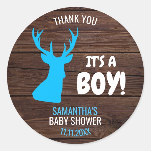 Pegatina Redonda Gracias Rustic Buck Deer Boy Theme Baby Shower (Anverso)
