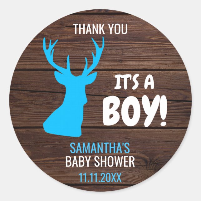 Pegatina Redonda Gracias Rustic Buck Deer Boy Theme Baby Shower (Anverso)