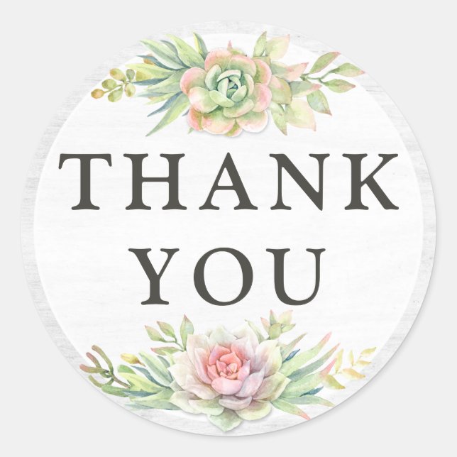 Pegatina Redonda Gracias Rústico Aquarela Suculenta Cactus (Anverso)