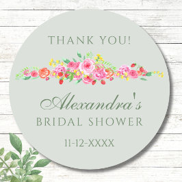 Pegatina Redonda Gracias Sage Green Pink Peony Bridal Shower