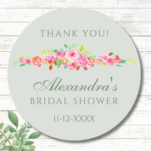 Pegatina Redonda Gracias Sage Green Pink Peony Bridal Shower