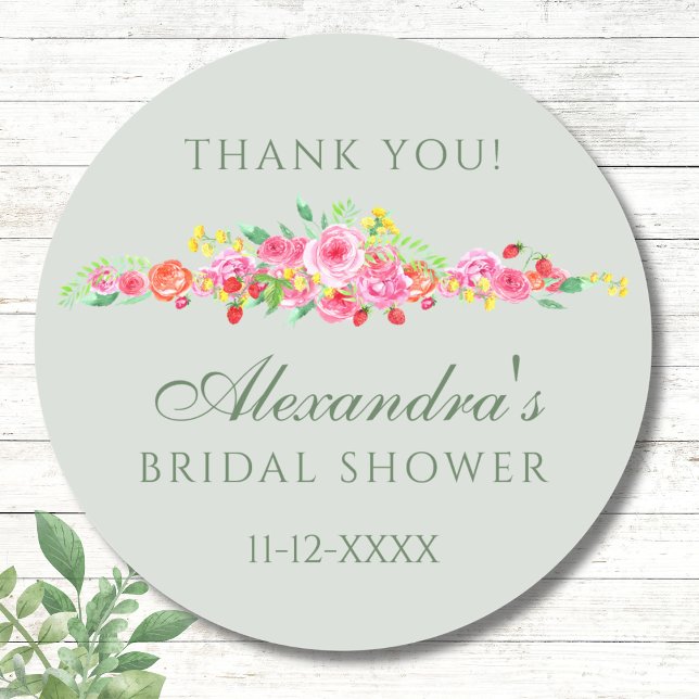 Pegatina Redonda Gracias Sage Green Pink Peony Bridal Shower (Subido por el creador)