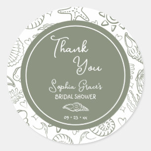 Pegatina Redonda Gracias Sage Green Seashells Doodles