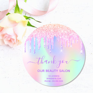 Pegatina Redonda Gracias Salón de belleza purpurina de negocios