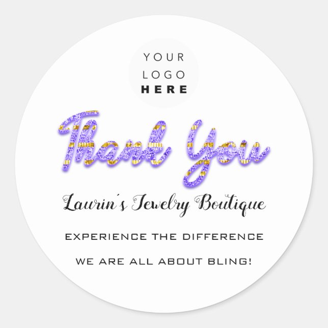 Pegatina Redonda Gracias Script Name Shop Web Logo Gold Purple (Anverso)