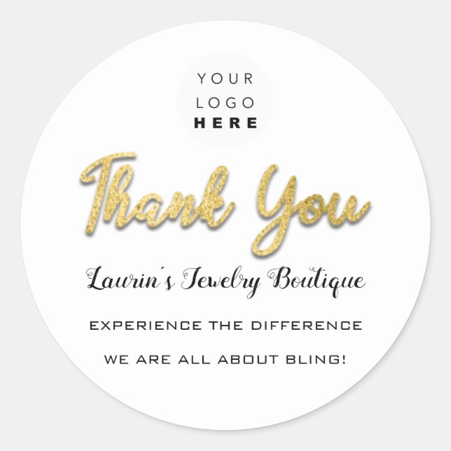 Pegatina Redonda Gracias Script Name Shop Web White Gold (Anverso)