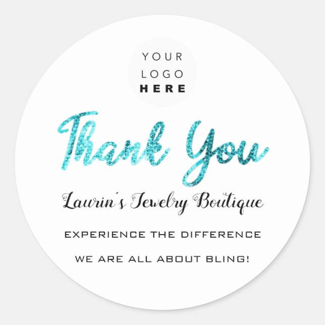 Pegatina Redonda Gracias Script Name Shop White Blue (Anverso)