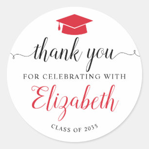 Pegatina Redonda Gracias Script Red Grad Graduation Party Favor