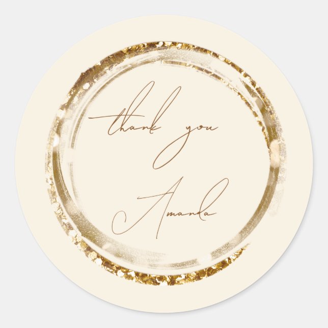 Pegatina Redonda Gracias Seal Gold Caligraphy Brown Pastel (Anverso)