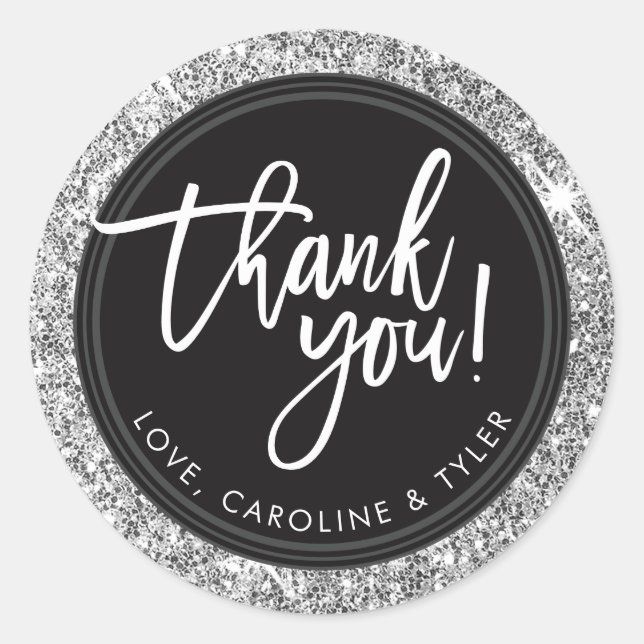 Pegatina Redonda GRACIAS SEAL moderno purpurina de plata con letras (Anverso)
