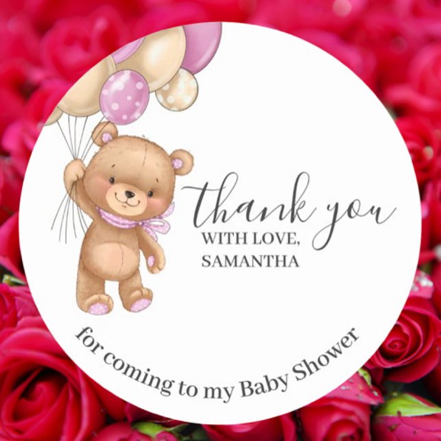 Pegatina Redonda Gracias Teddy Bear PINK Balloons (Celebrate your little one with a favorite bear-themed baby shower! )