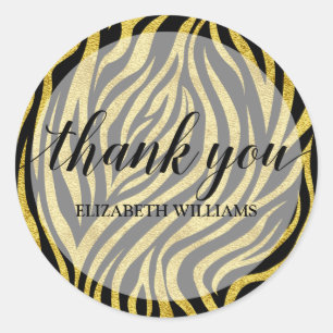 Pegatina Redonda Gracias Text Gold Black Zebra