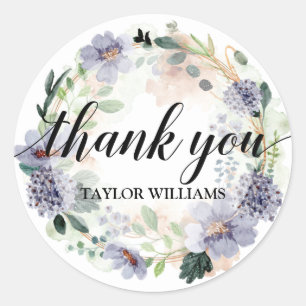 Pegatina Redonda Gracias Texto Morado Floral Wreath