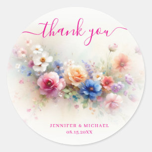 Pegatina Redonda Gracias Texto Personalizado Flores Aquarell De Mod