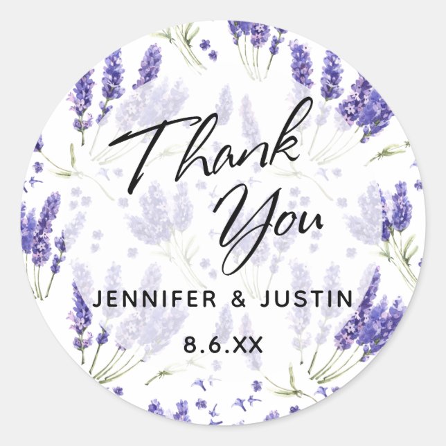 Pegatina Redonda Gracias Tipografía, Flores de lavanda acuarela (Anverso)