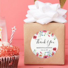 Pegatina Redonda Gracias tipografía prado pastel flores silvestres 