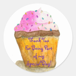 Pegatina Redonda Gracias, Torta Rosa De Acuarela, Espolvorear