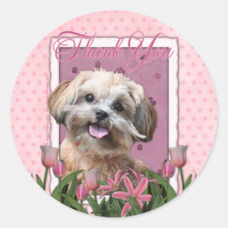 Pegatina Redonda Gracias - Tulipanes rosados - ShihPoo - Maggie
