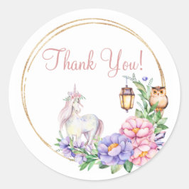 Pegatina Redonda Gracias Unicorn Owl Watercolor Floral
